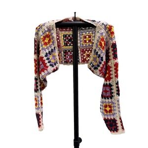 Willow & Root Granny Square Cropped Cardigan Bolero Sweater Sz S Multi Color